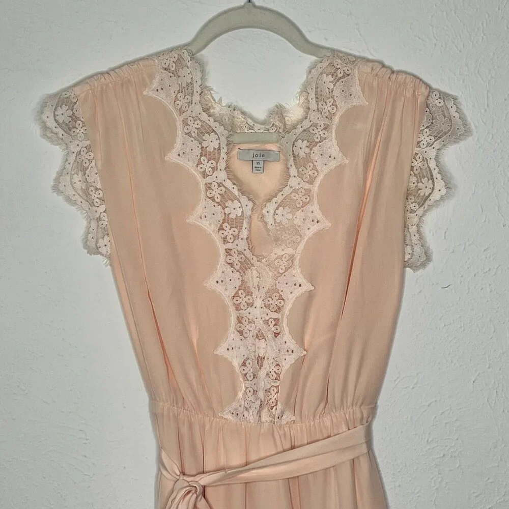 Women's JOIE Magdelen 100% Silk Peach Cream Lace Baby Pink Midi Dress Size XS - Picture 3 of 9